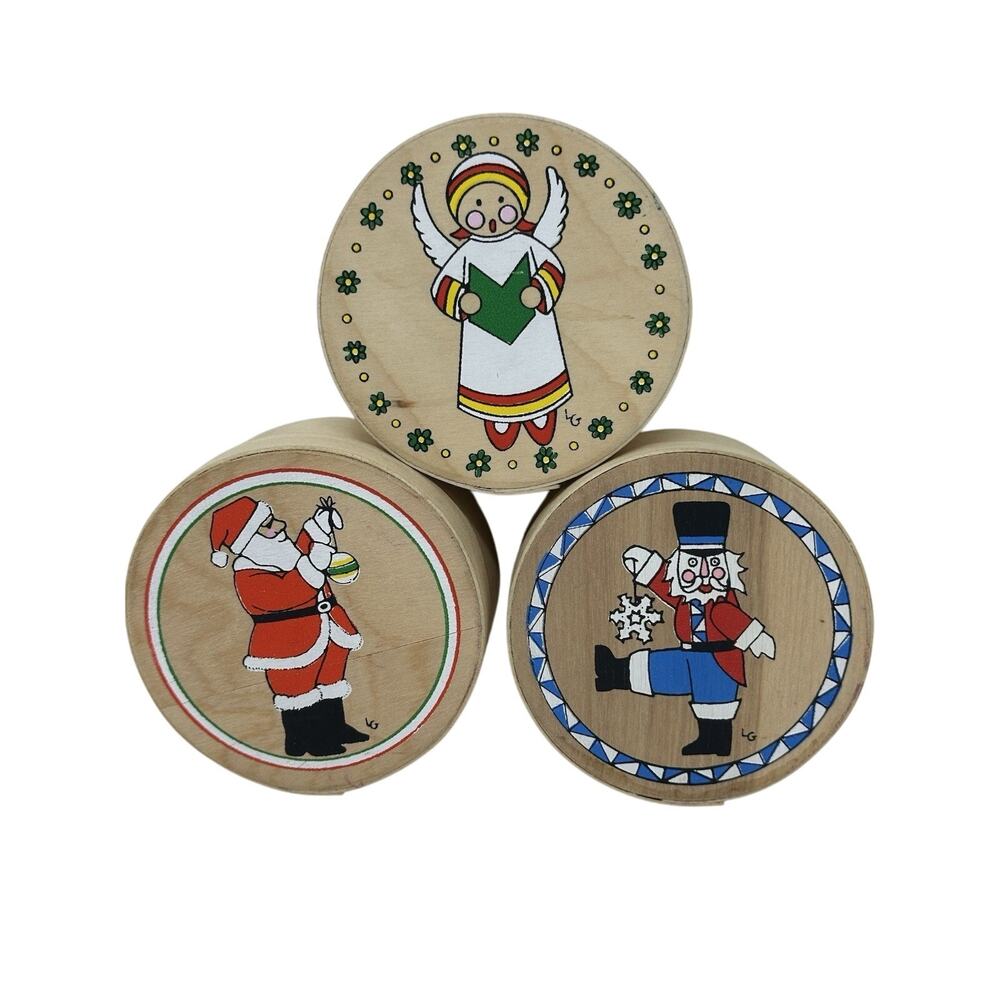 Lynn Gates Vintage Ornaments In Round Boxes (6”) Nutcracker Angel Santa Claus